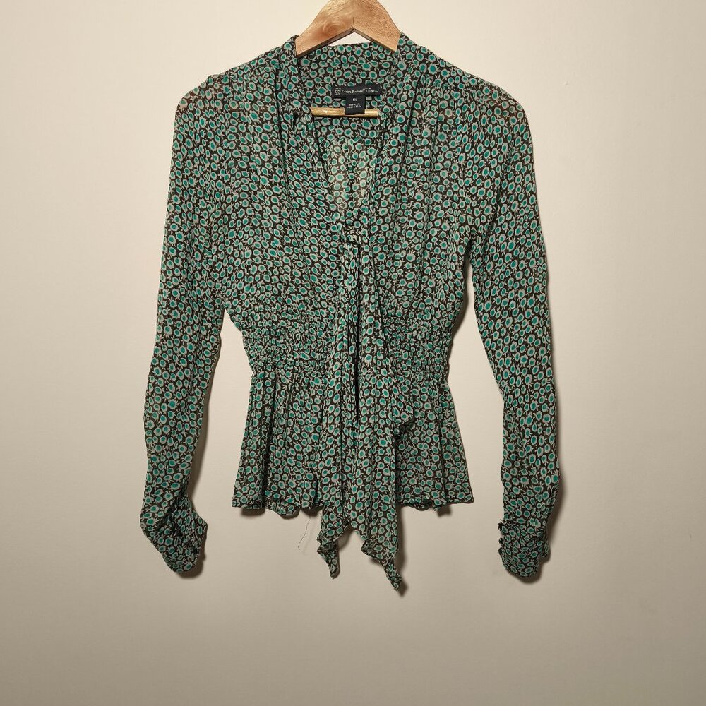 y2k Celia Birtwell For Express 100% Silk Peplum Tie Front Floral Blouse sz XS
